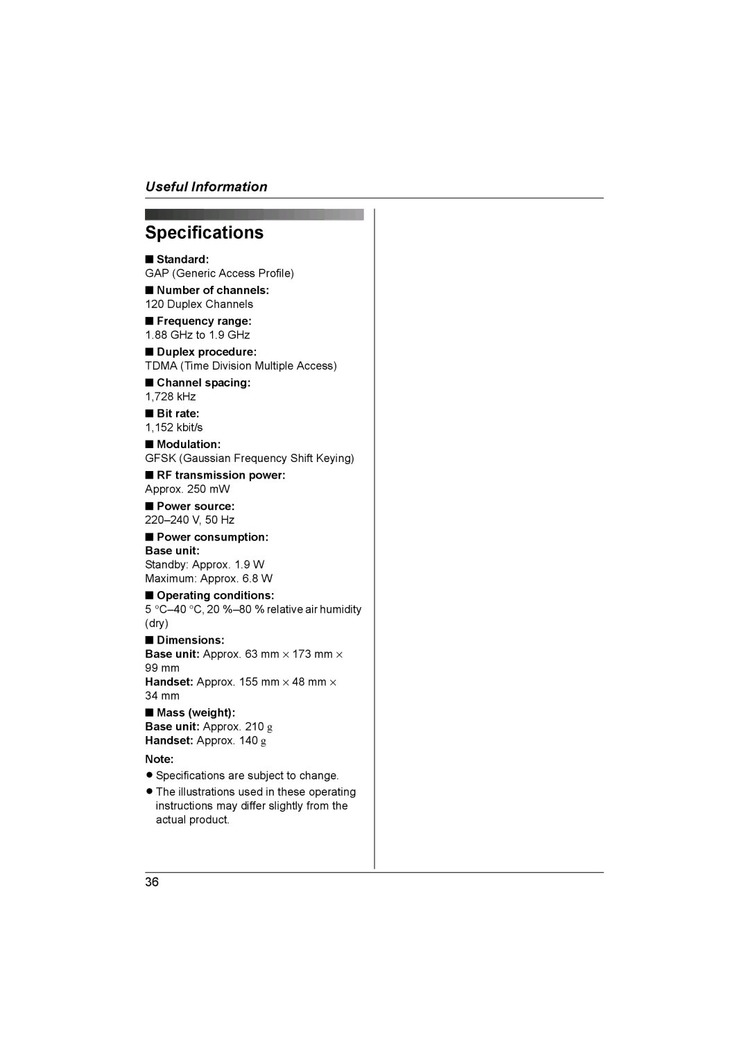 Panasonic KX-TG1861NZ operating instructions Specifications 