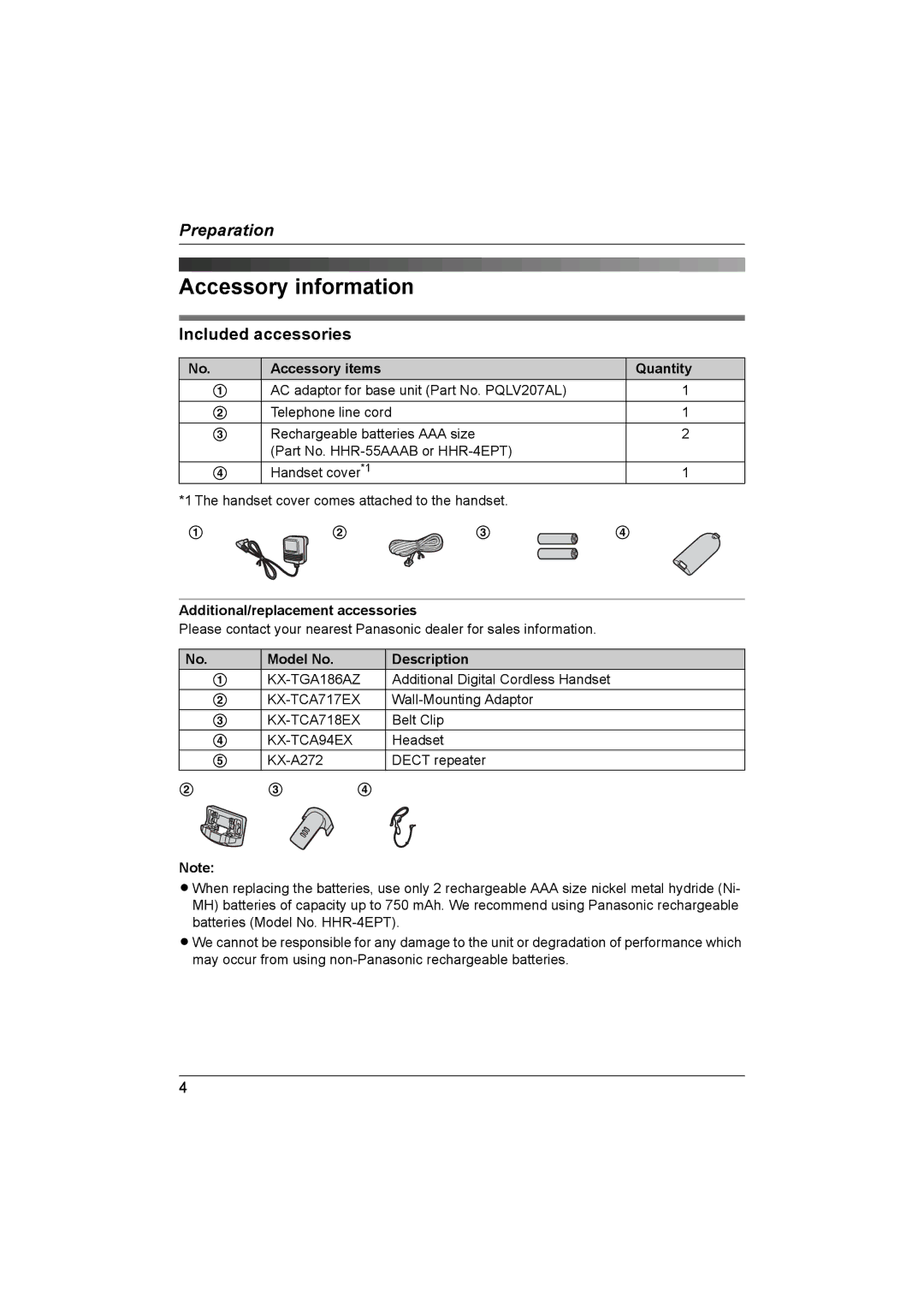 Panasonic KX-TG1861NZ operating instructions Accessory information, Included accessories 