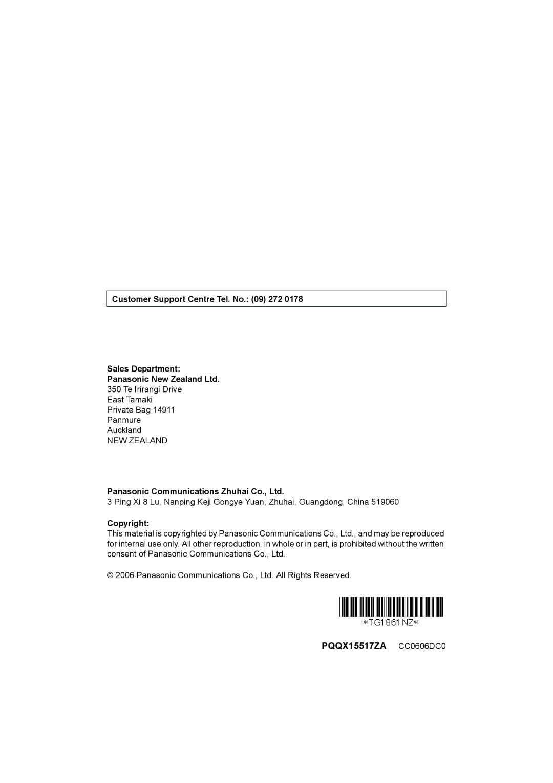 Panasonic KX-TG1861NZ operating instructions Customer Support Centre Tel. No 272 Sales Department, Copyright 