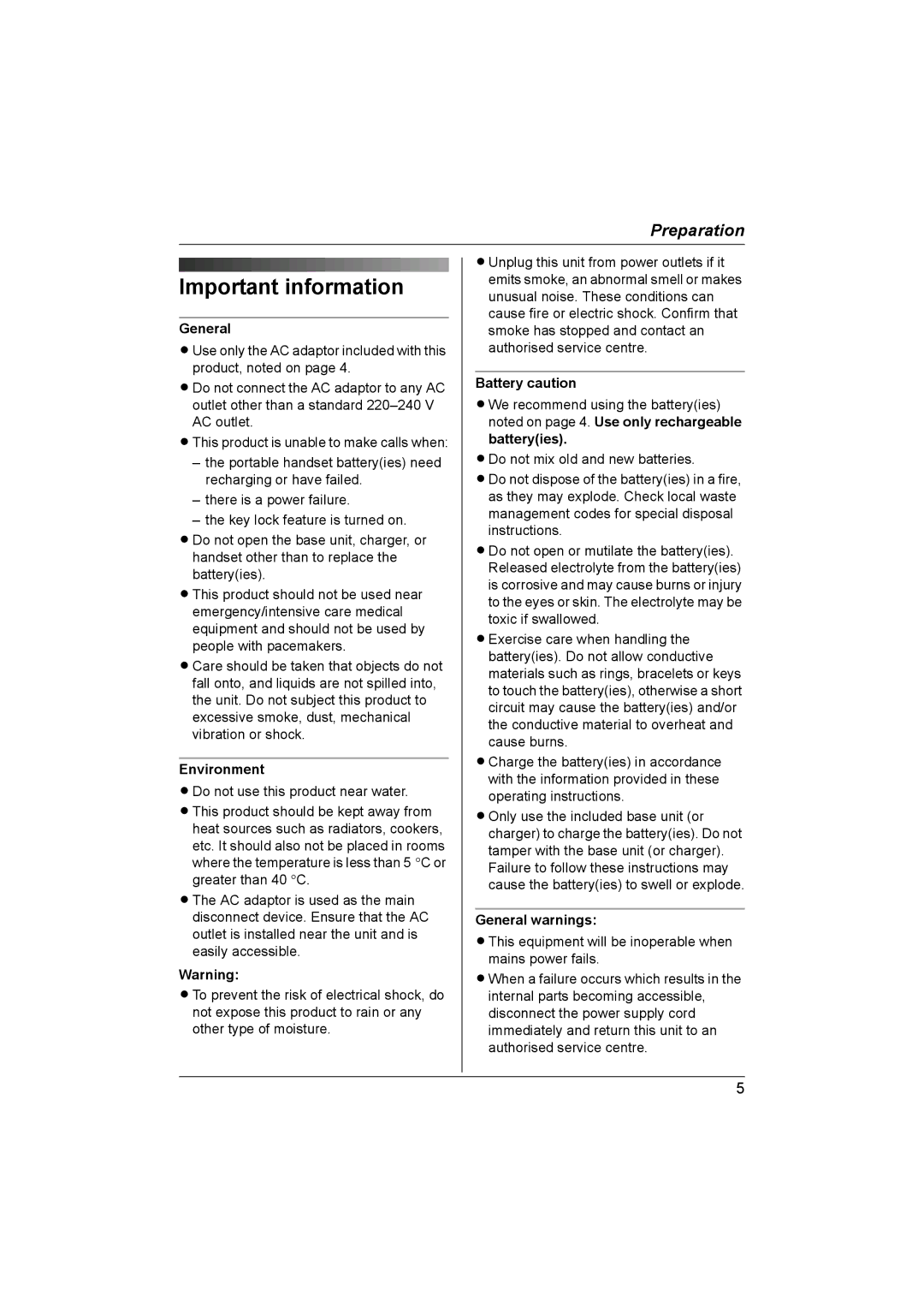 Panasonic KX-TG1861NZ operating instructions Important information, Environment, Battery caution, General warnings 