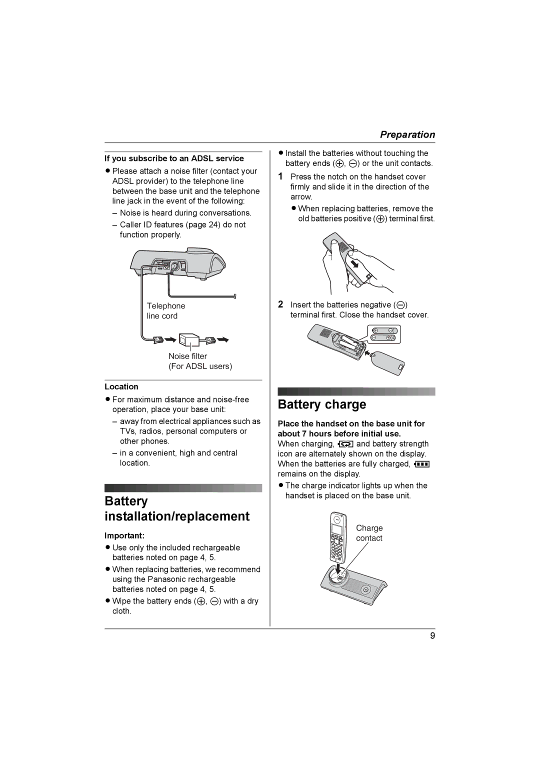 Panasonic KX-TG1861NZ operating instructions Battery charge, If you subscribe to an Adsl service, Location 