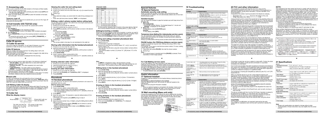 Panasonic KX-TG2120 Answering calls, Call transfer KX-TG2122 only, Caller ID service, Special features, Troubleshooting 