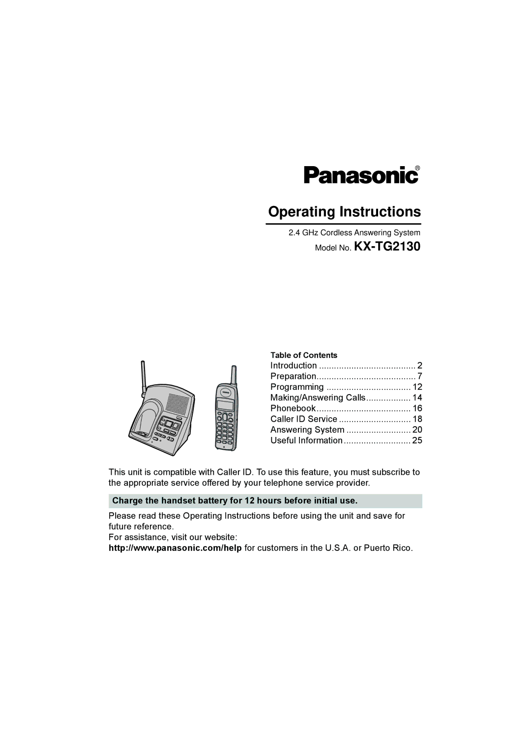 Panasonic KX-TG2130 operating instructions Operating Instructions, Table of Contents 