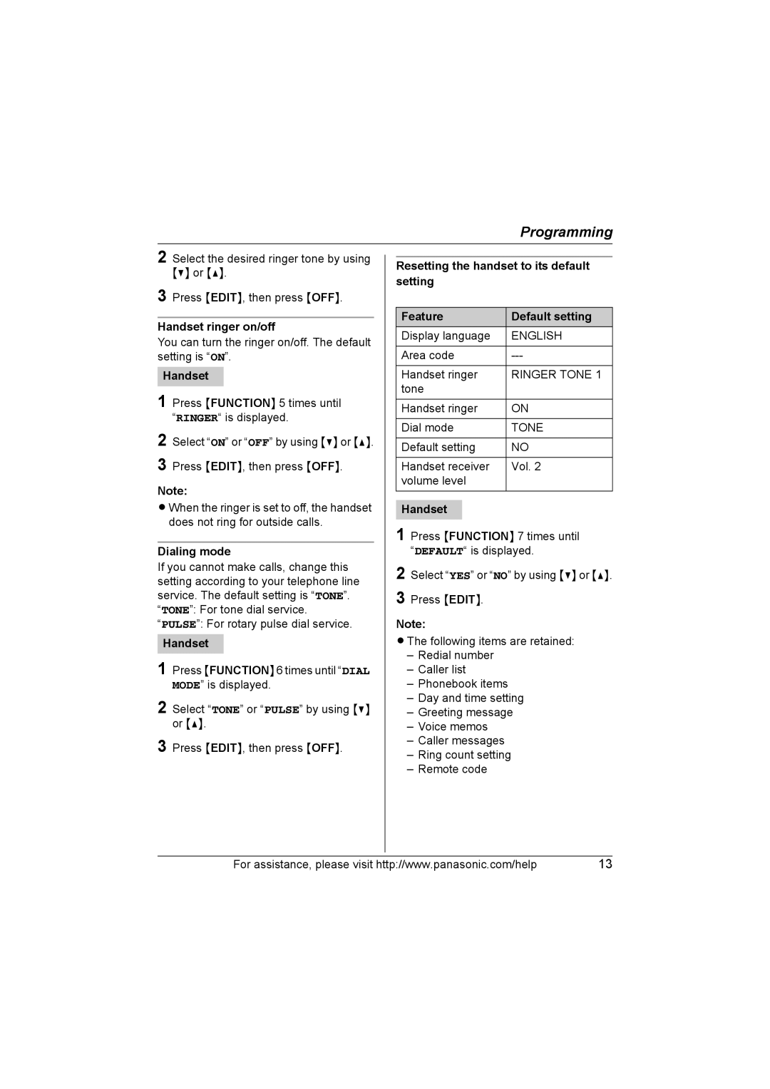 Panasonic KX-TG2130 operating instructions Handset ringer on/off, Dialing mode 