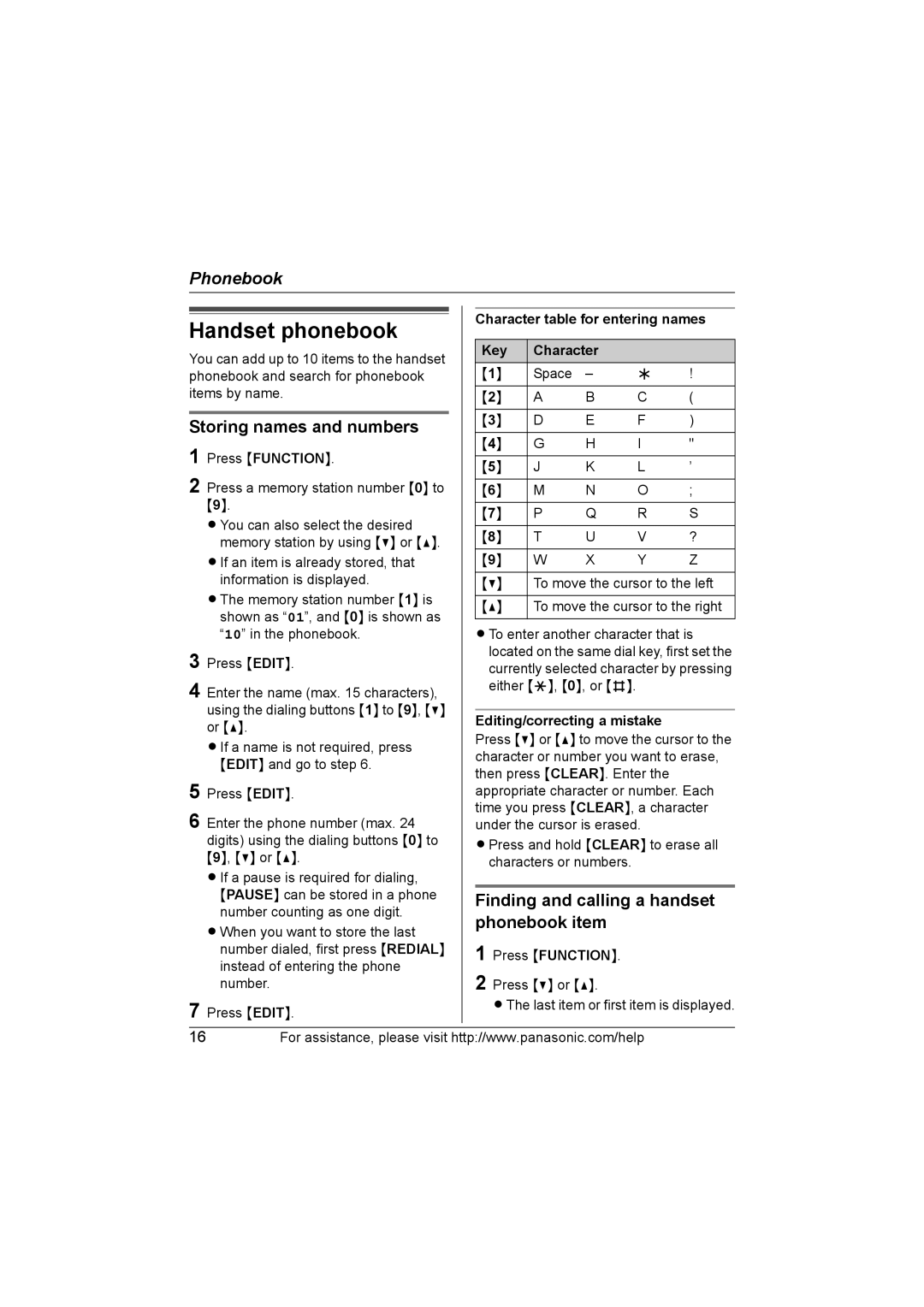 Panasonic KX-TG2130 Handset phonebook, Storing names and numbers, Finding and calling a handset phonebook item 