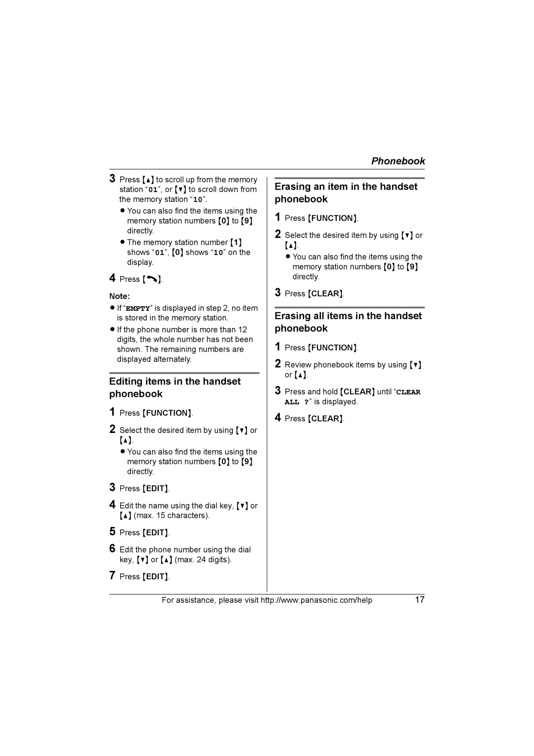 Panasonic KX-TG2130 Erasing an item in the handset phonebook, Erasing all items in the handset phonebook 