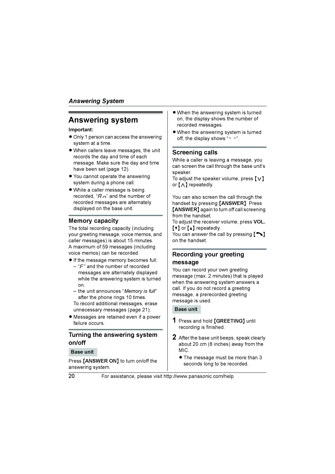 Panasonic KX-TG2130 Answering system, Memory capacity, Turning the answering system on/off, Screening calls 