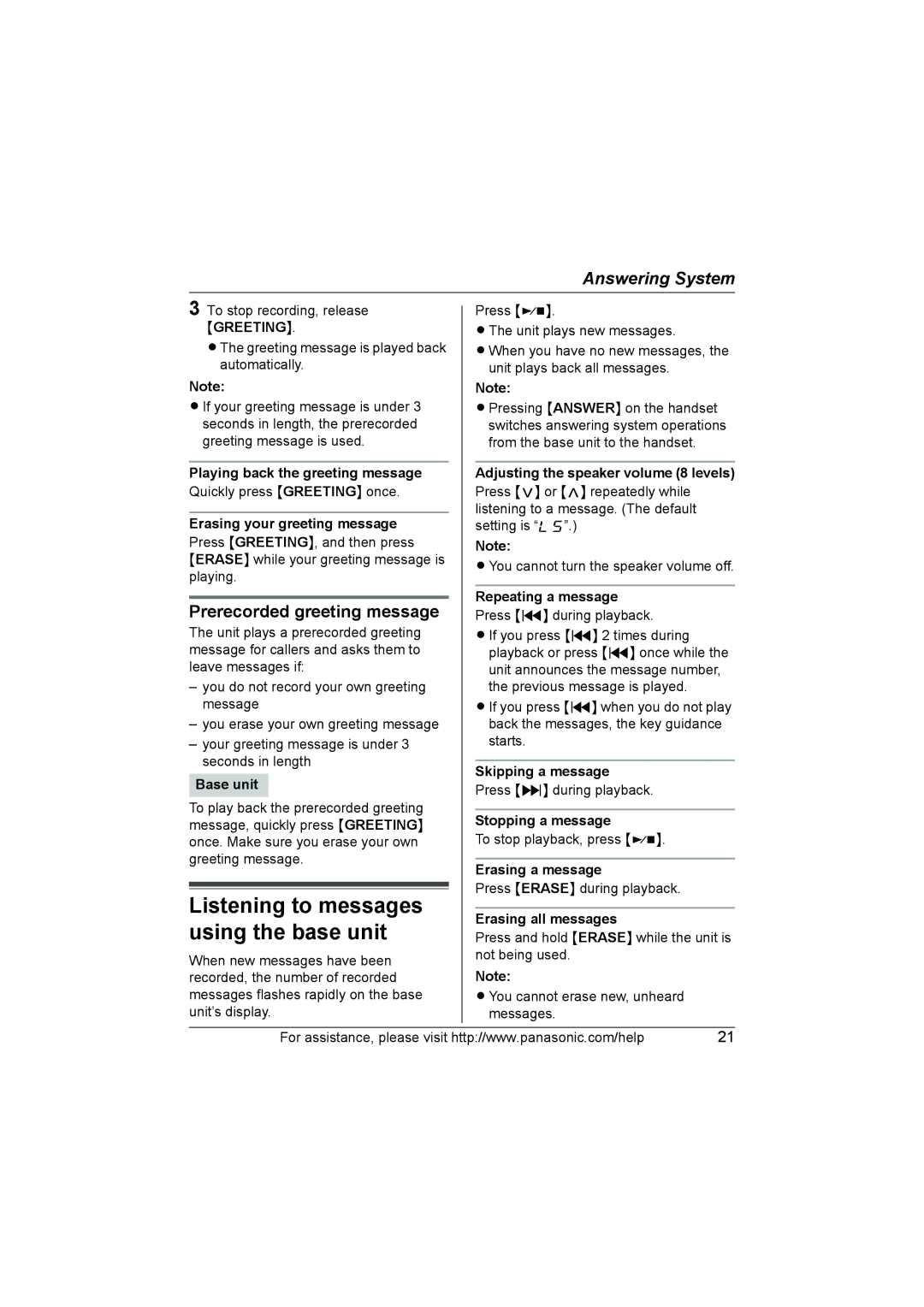 Panasonic KX-TG2130 operating instructions Prerecorded greeting message 