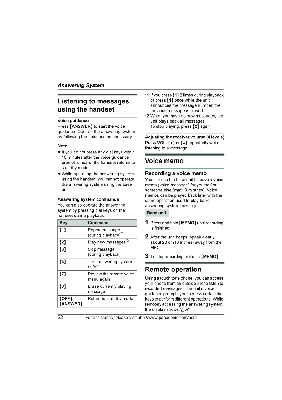 Panasonic KX-TG2130 Voice memo, Remote operation, Recording a voice memo, Voice guidance, Key Command 