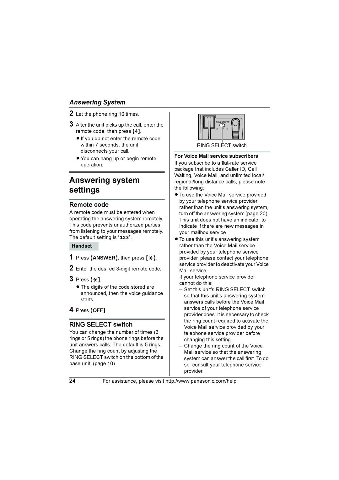 Panasonic KX-TG2130 Answering system settings, Remote code, Ring Select switch, For Voice Mail service subscribers 