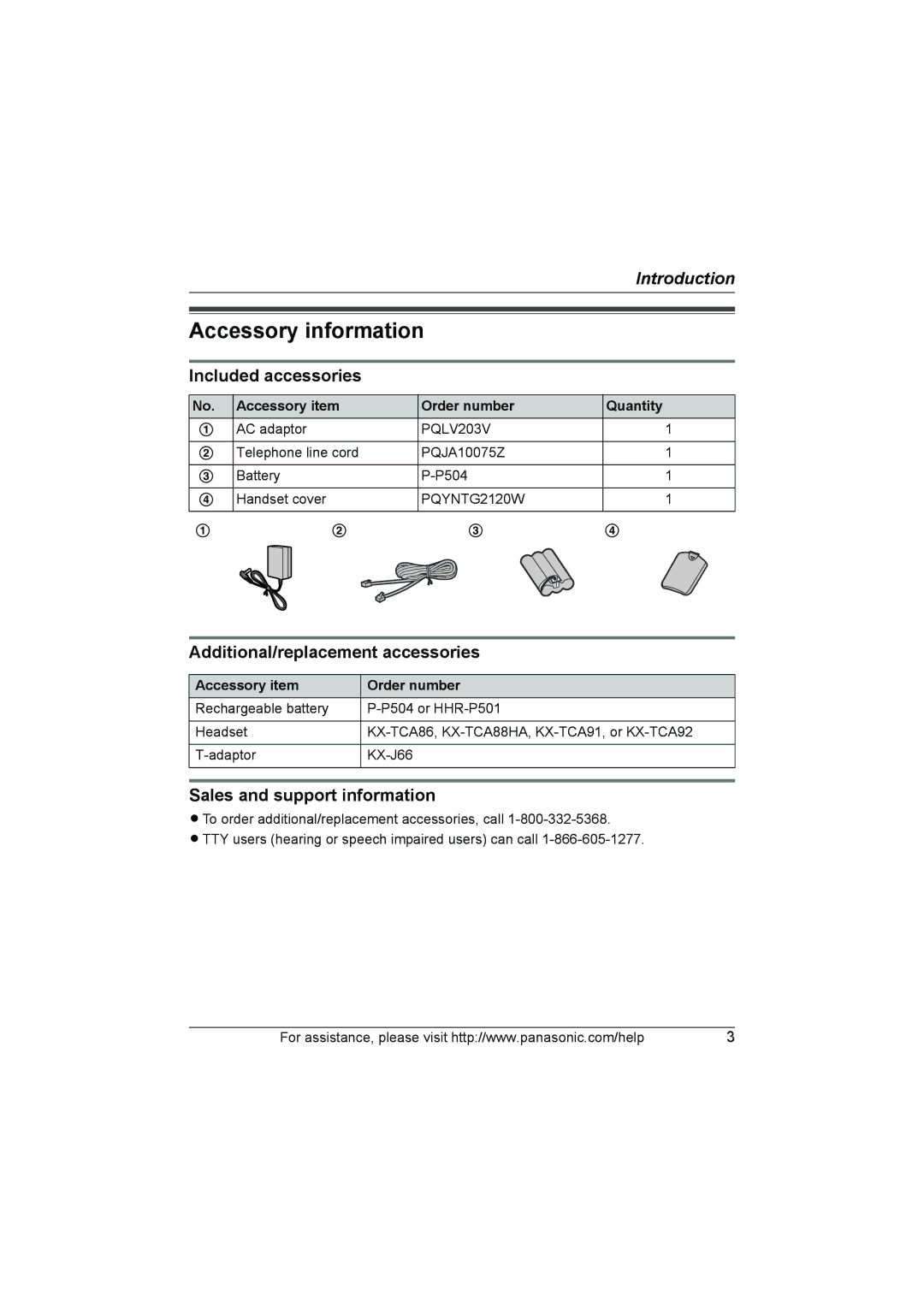 Panasonic KX-TG2130 operating instructions Accessory information, Included accessories, Additional/replacement accessories 