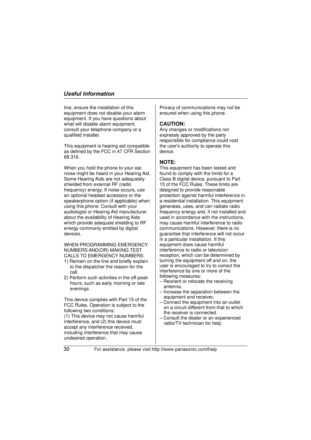 Panasonic KX-TG2130 operating instructions Useful Information 