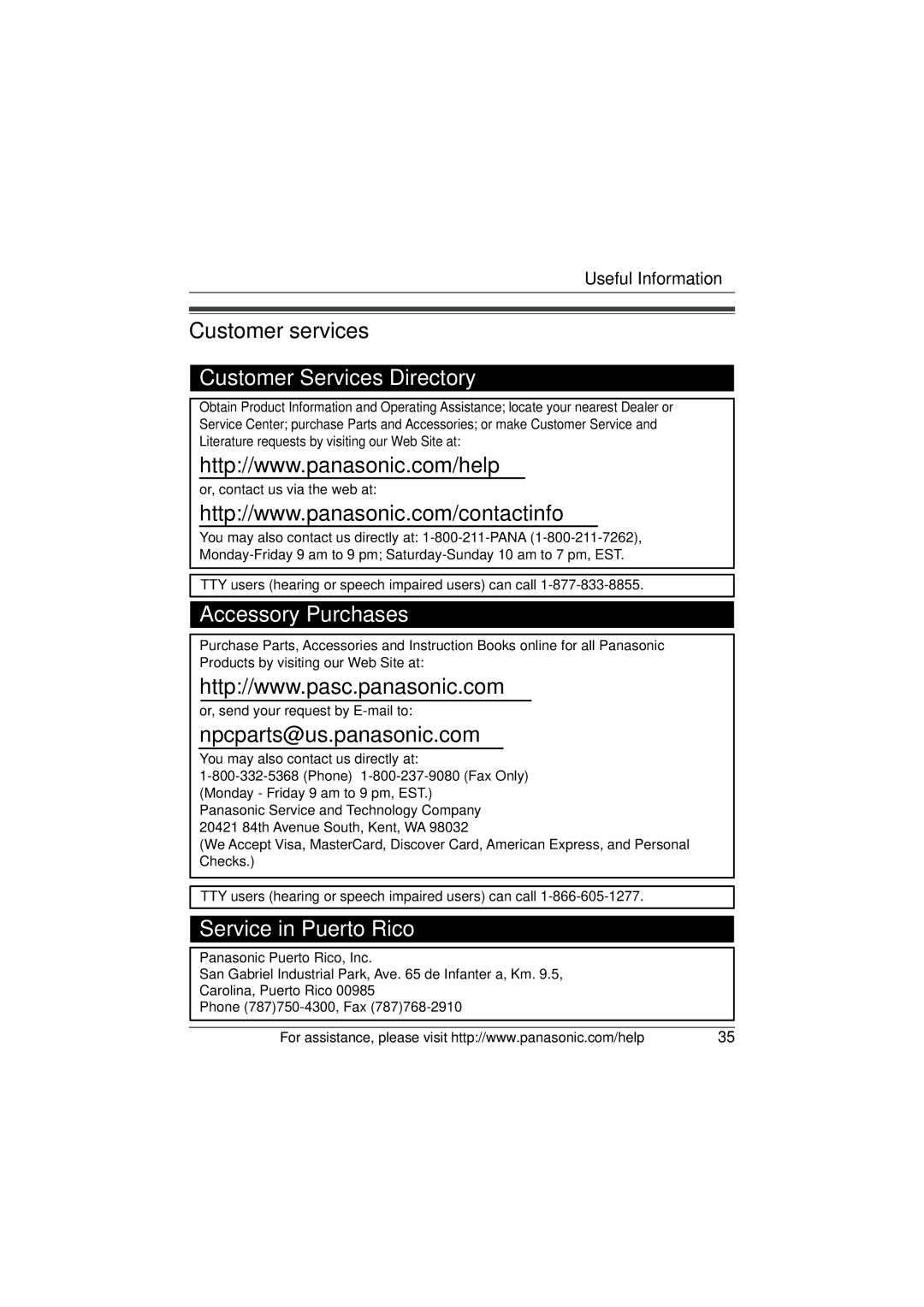 Panasonic KX-TG2130 operating instructions Customer services, Customer Services Directory 