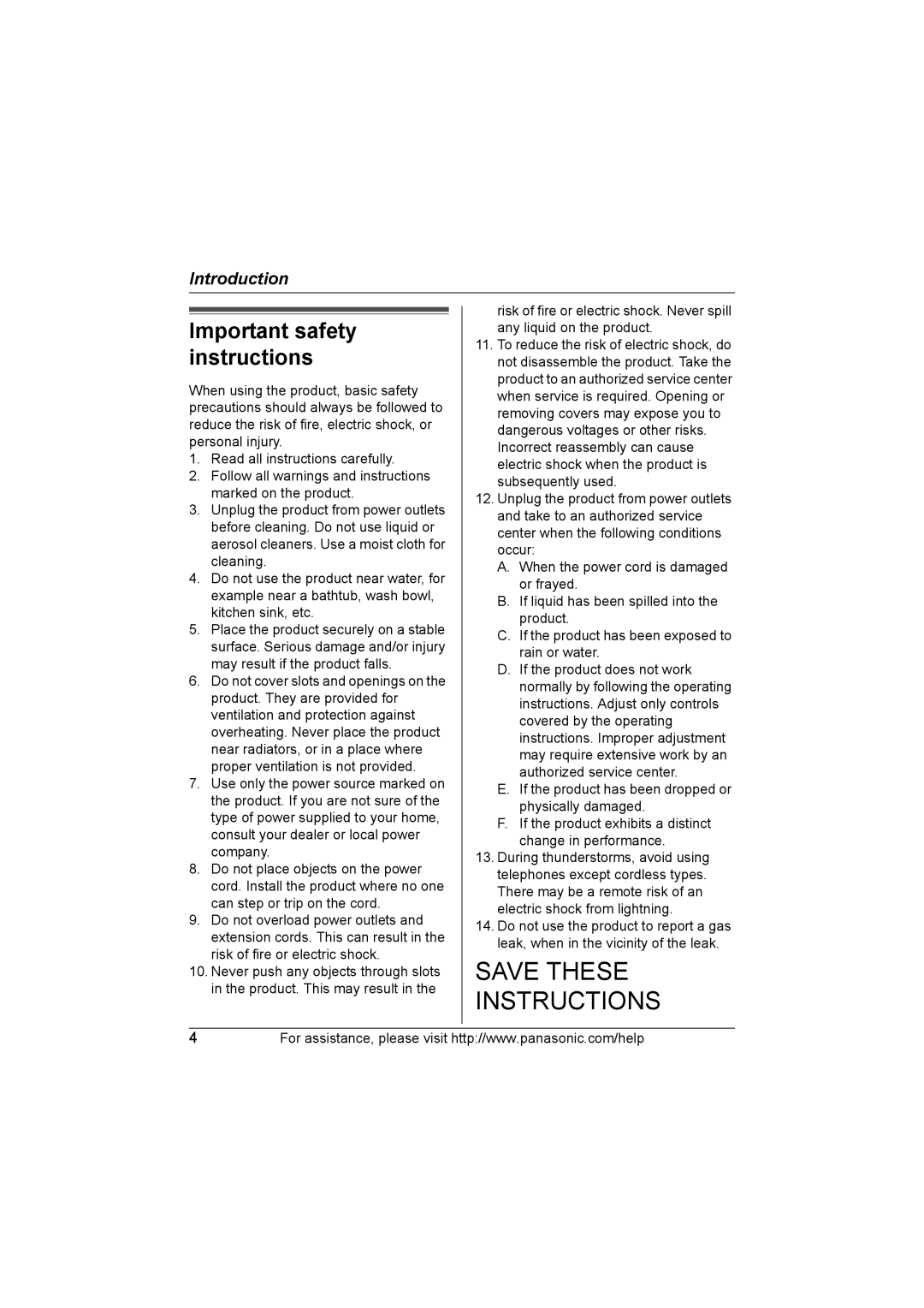 Panasonic KX-TG2130 operating instructions Save These Instructions, Important safety instructions 