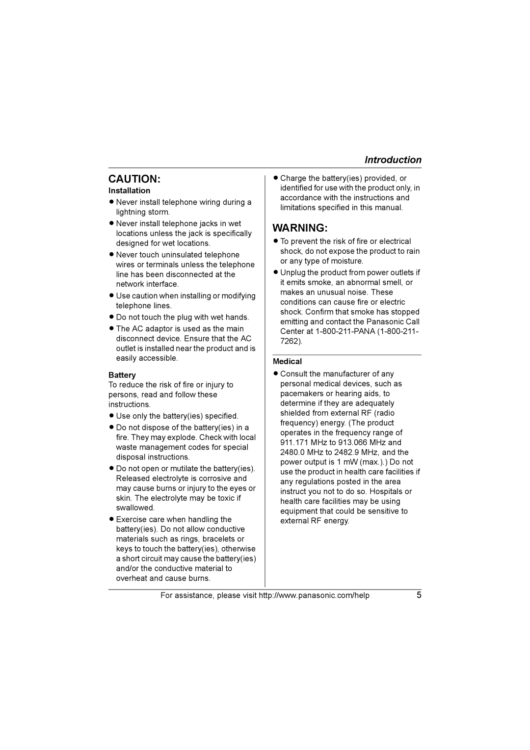 Panasonic KX-TG2130 operating instructions Installation, Battery, Medical 