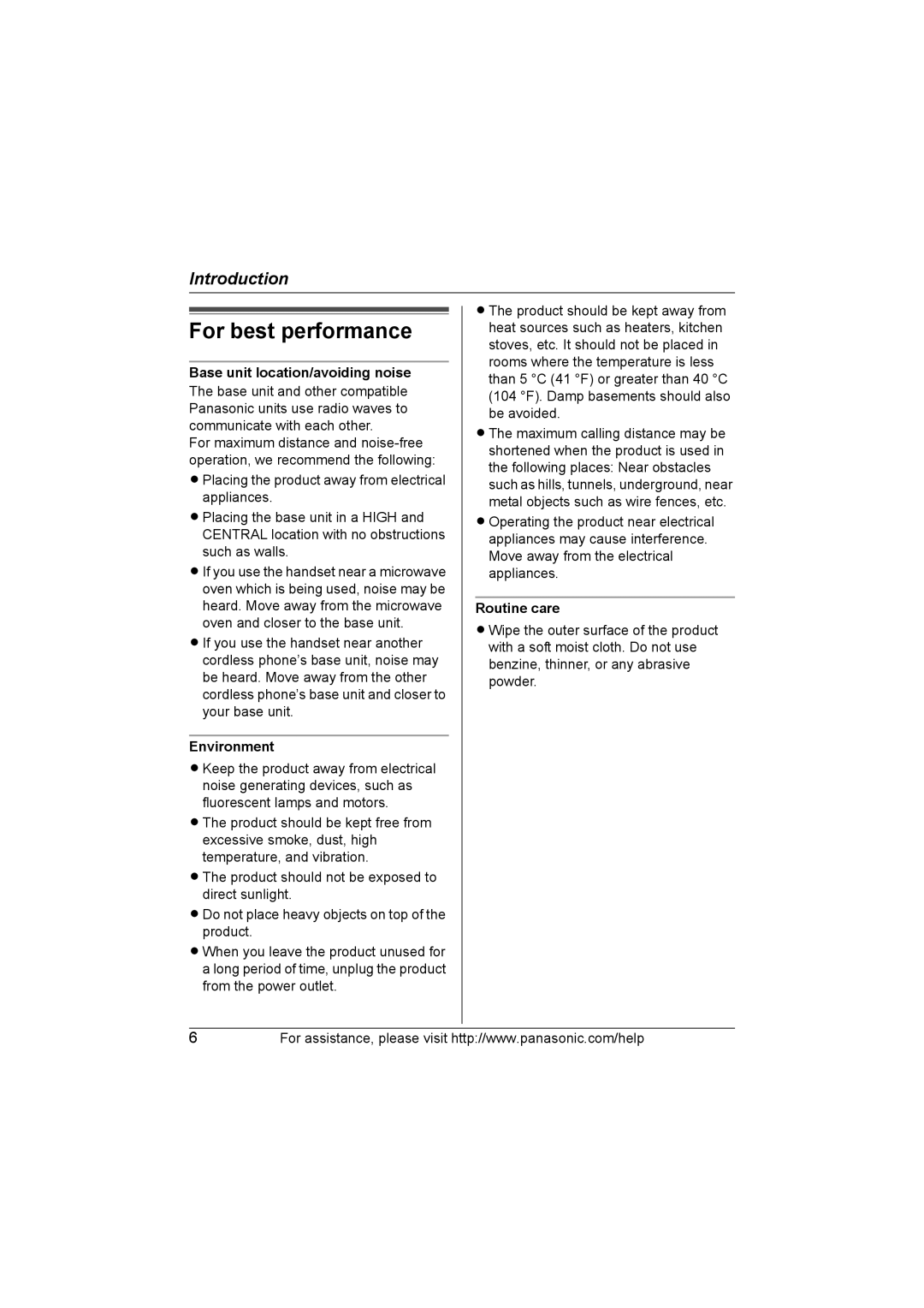 Panasonic KX-TG2130 For best performance, Base unit location/avoiding noise, Environment, Routine care 