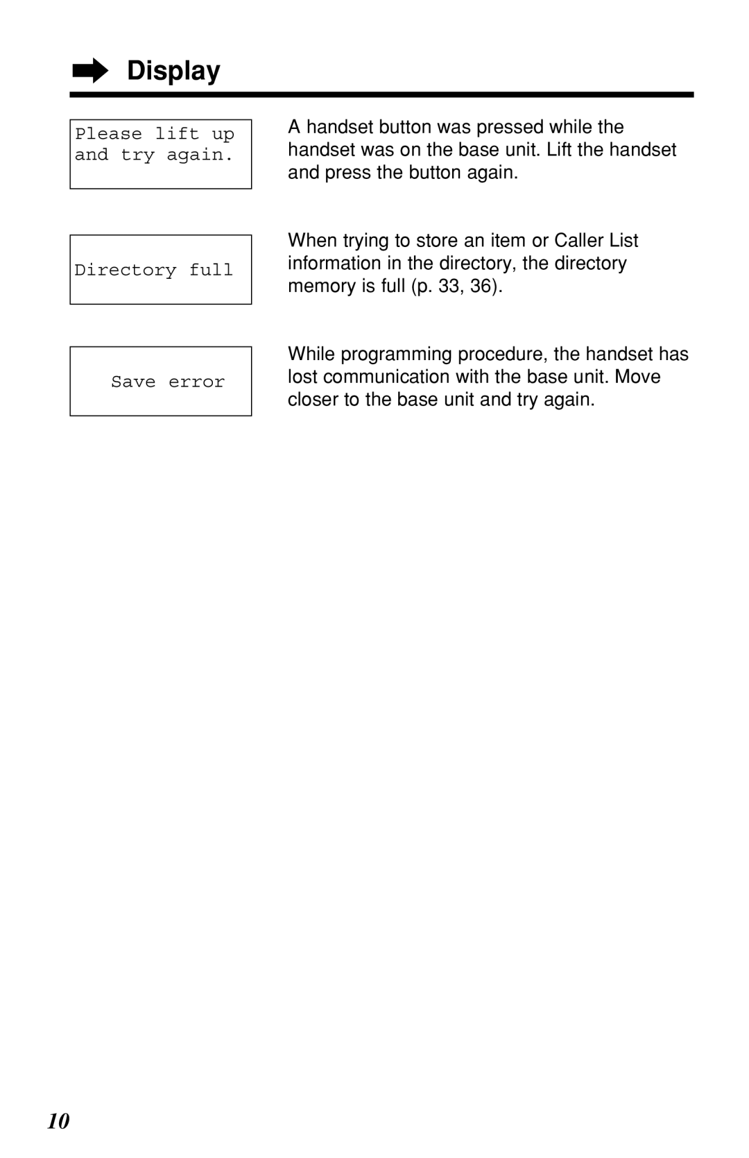 Panasonic KX-TG2219B operating instructions Display, Please lift up and try again Directory full Save error 