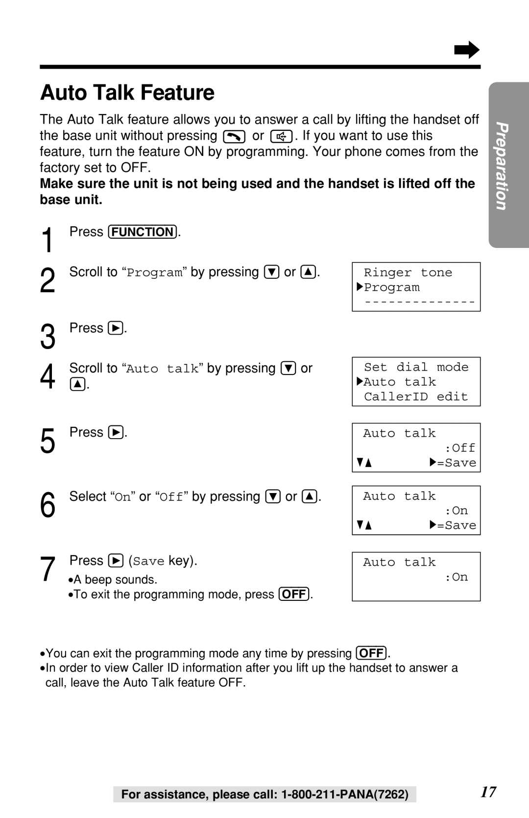 Panasonic KX-TG2219B Auto Talk Feature, Scroll to Program by pressing Ö or Ñ, Scroll to Auto talk by pressing Ö or 