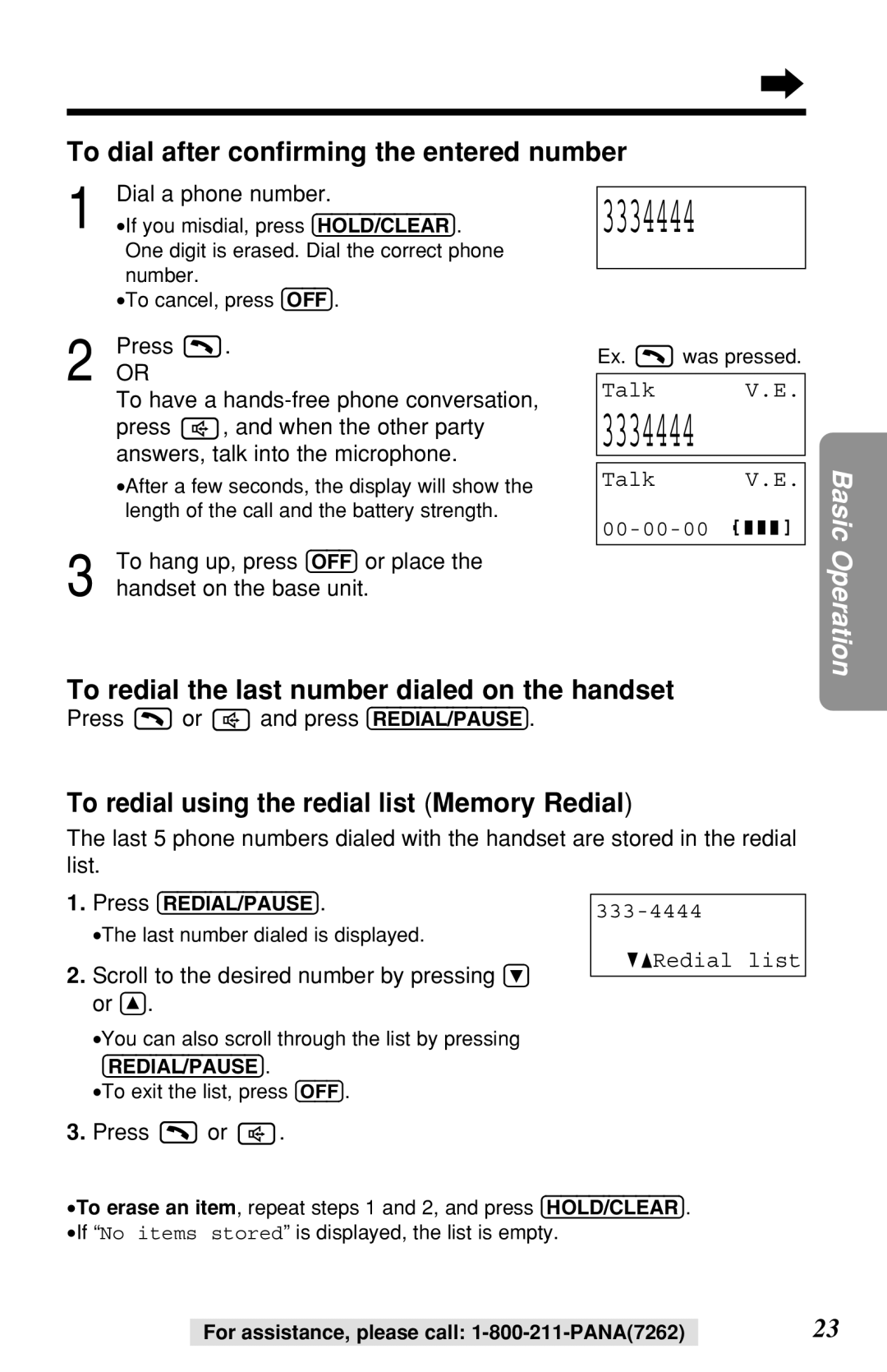 Panasonic KX-TG2219B To dial after conﬁrming the entered number, To redial the last number dialed on the handset 