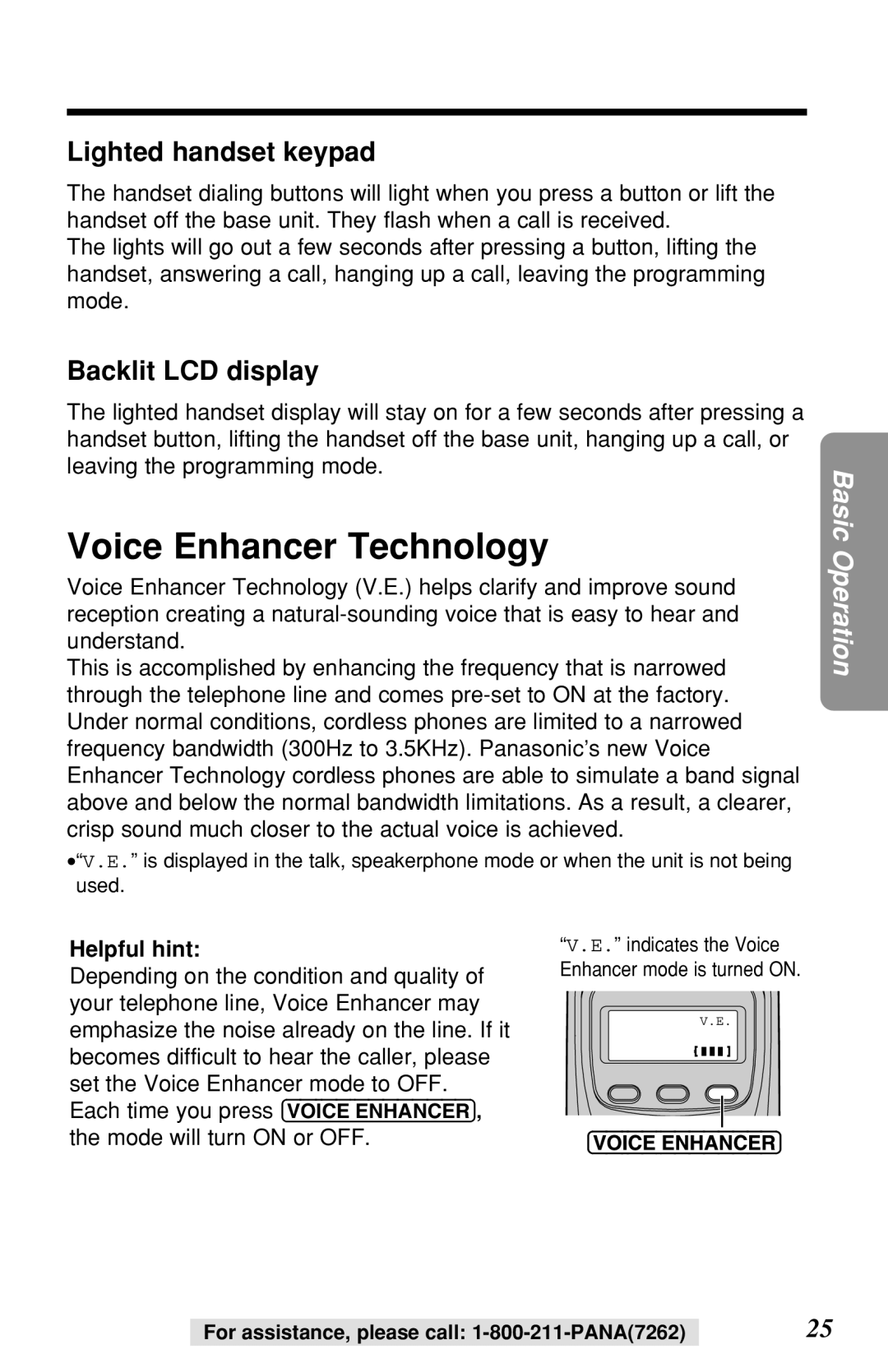 Panasonic KX-TG2219B Voice Enhancer Technology, Lighted handset keypad, Backlit LCD display, Helpful hint 