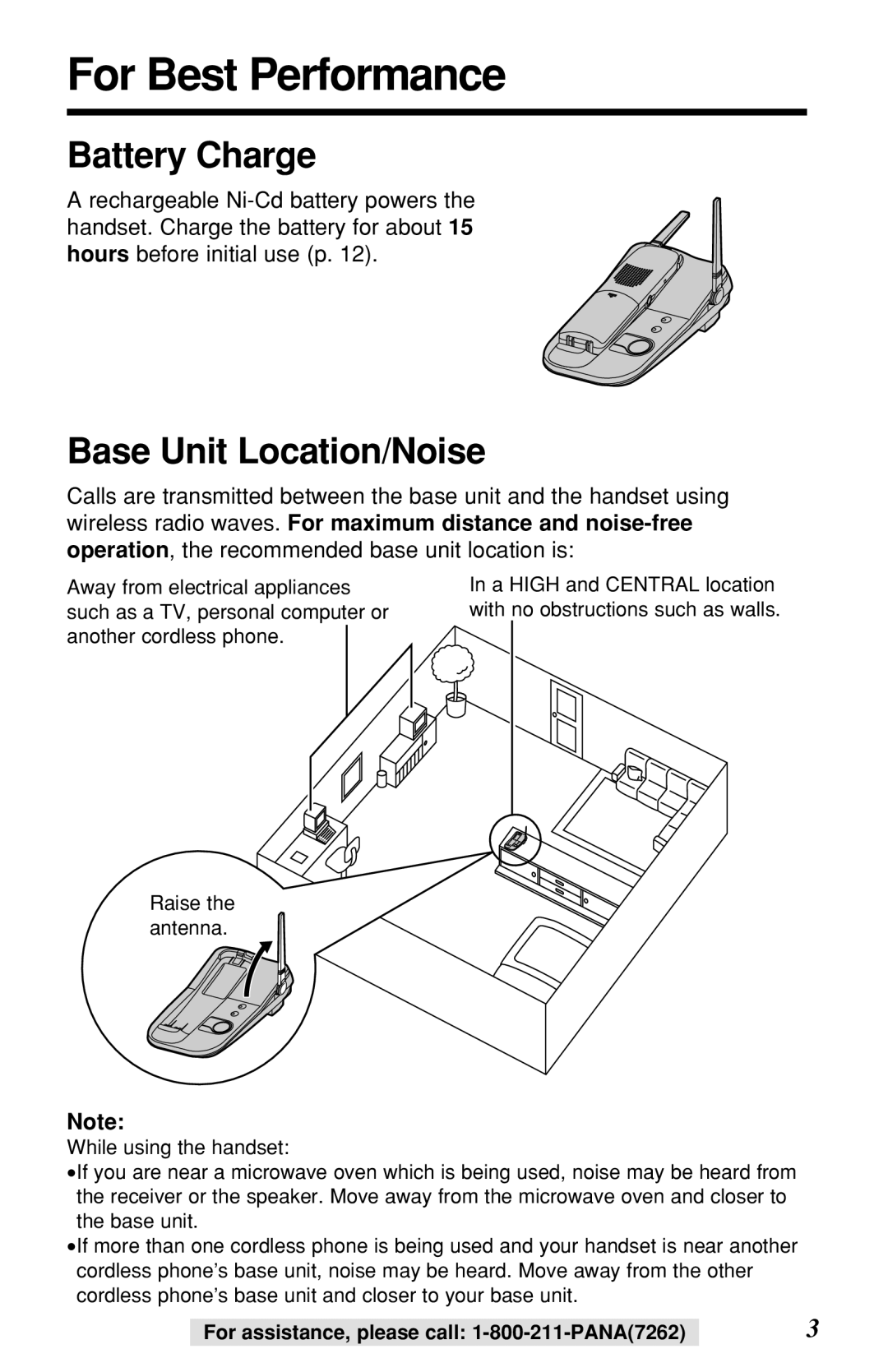 Panasonic KX-TG2219B operating instructions For Best Performance, Battery Charge, Base Unit Location/Noise 