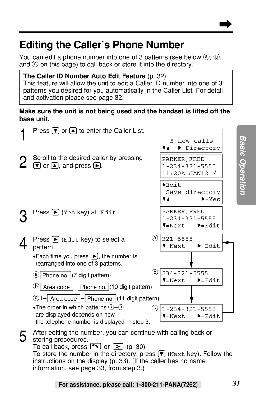 Panasonic KX-TG2219B Editing the Caller’s Phone Number, Caller ID Number Auto Edit Feature p, HEdit Save directory 