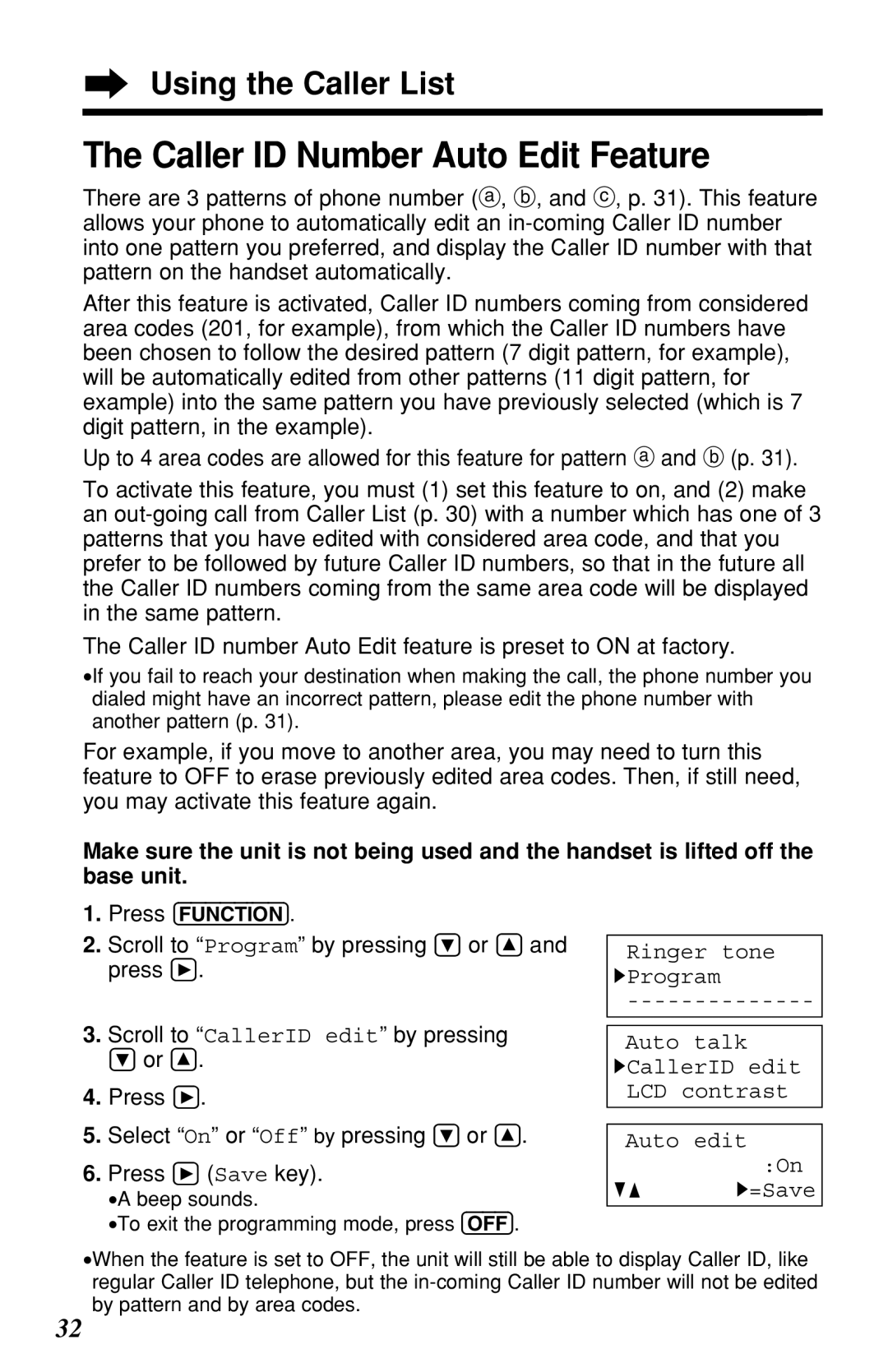 Panasonic KX-TG2219B Caller ID Number Auto Edit Feature, Scroll to Program by pressing Ö or Ñ and press á 