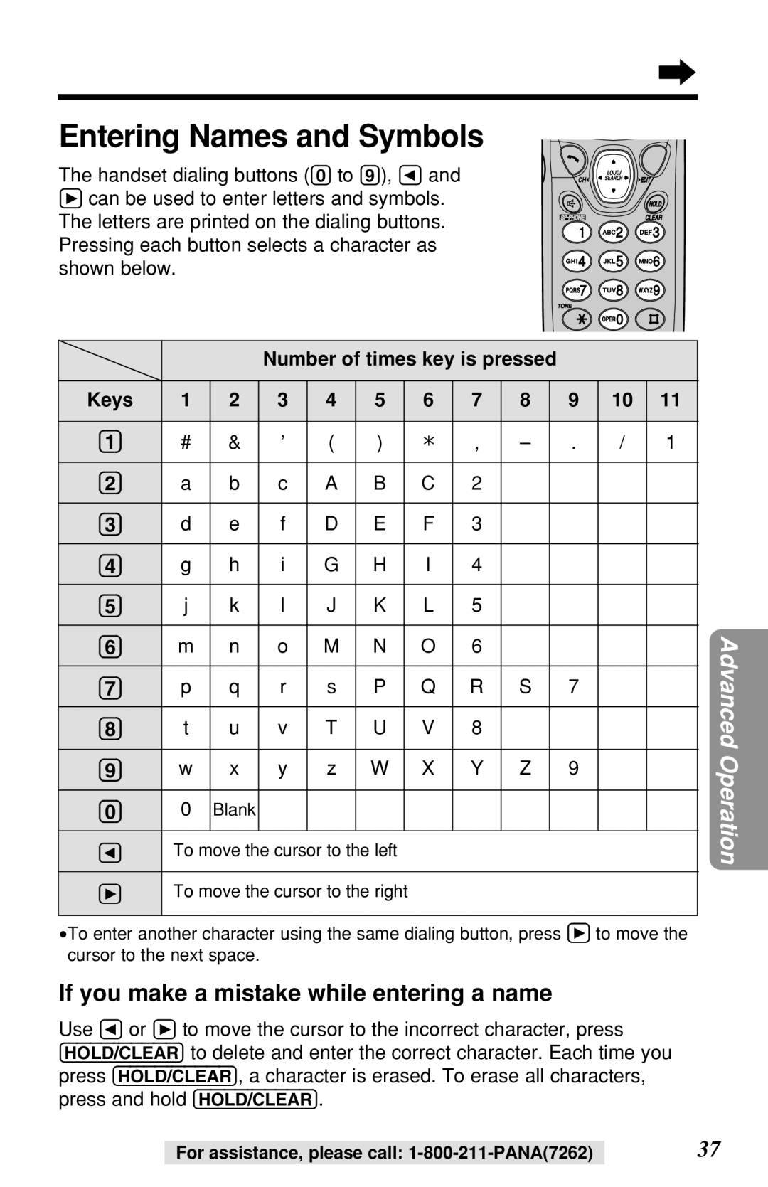 Panasonic KX-TG2219B operating instructions Entering Names and Symbols, If you make a mistake while entering a name 