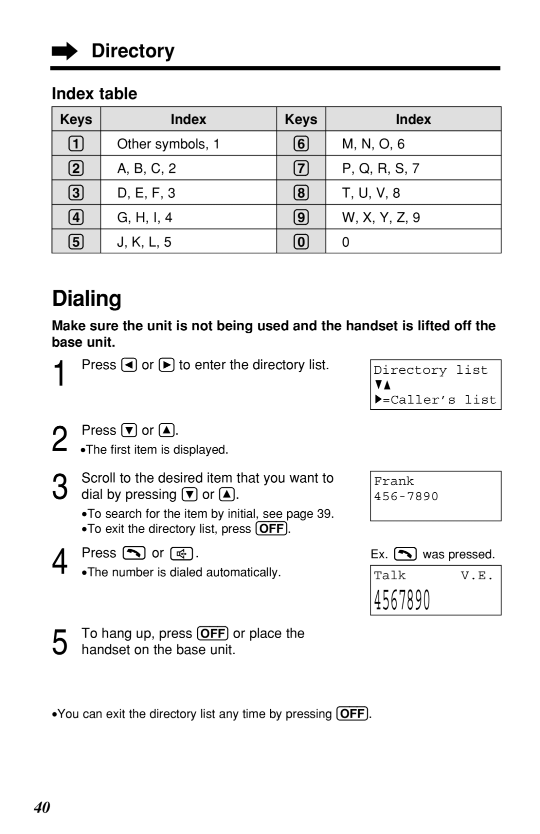 Panasonic KX-TG2219B operating instructions Dialing, Index table, Keys Index, Directory list =Caller’s list Frank 