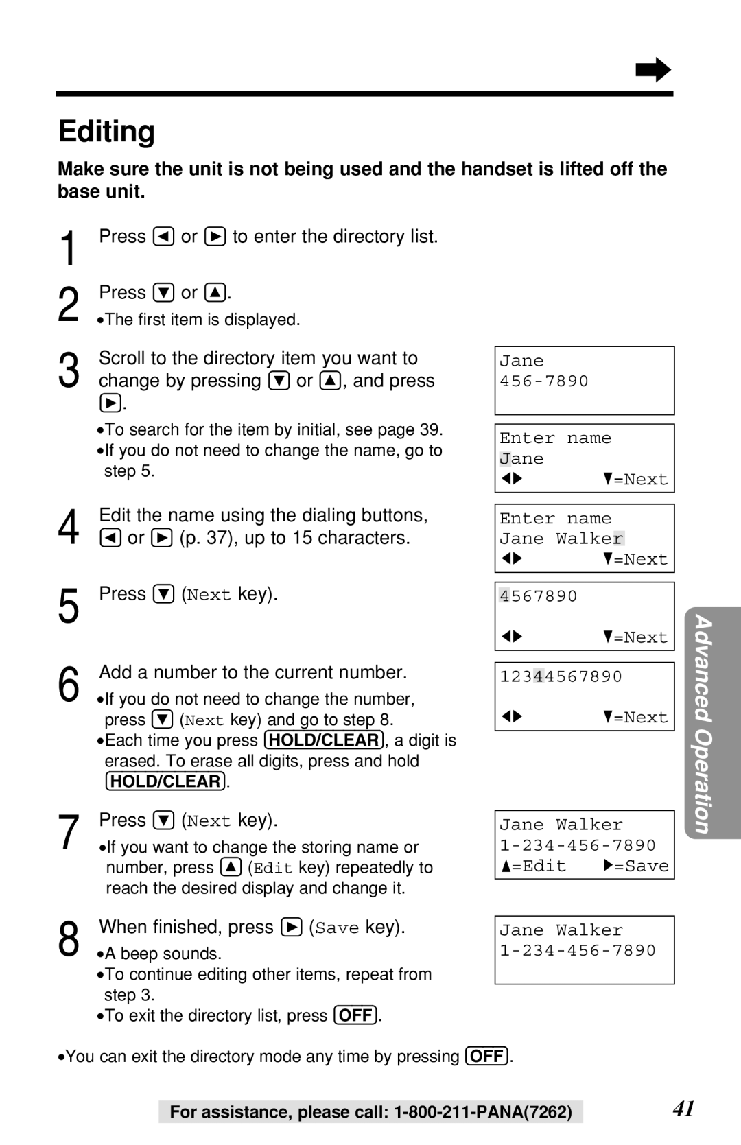 Panasonic KX-TG2219B operating instructions Editing 