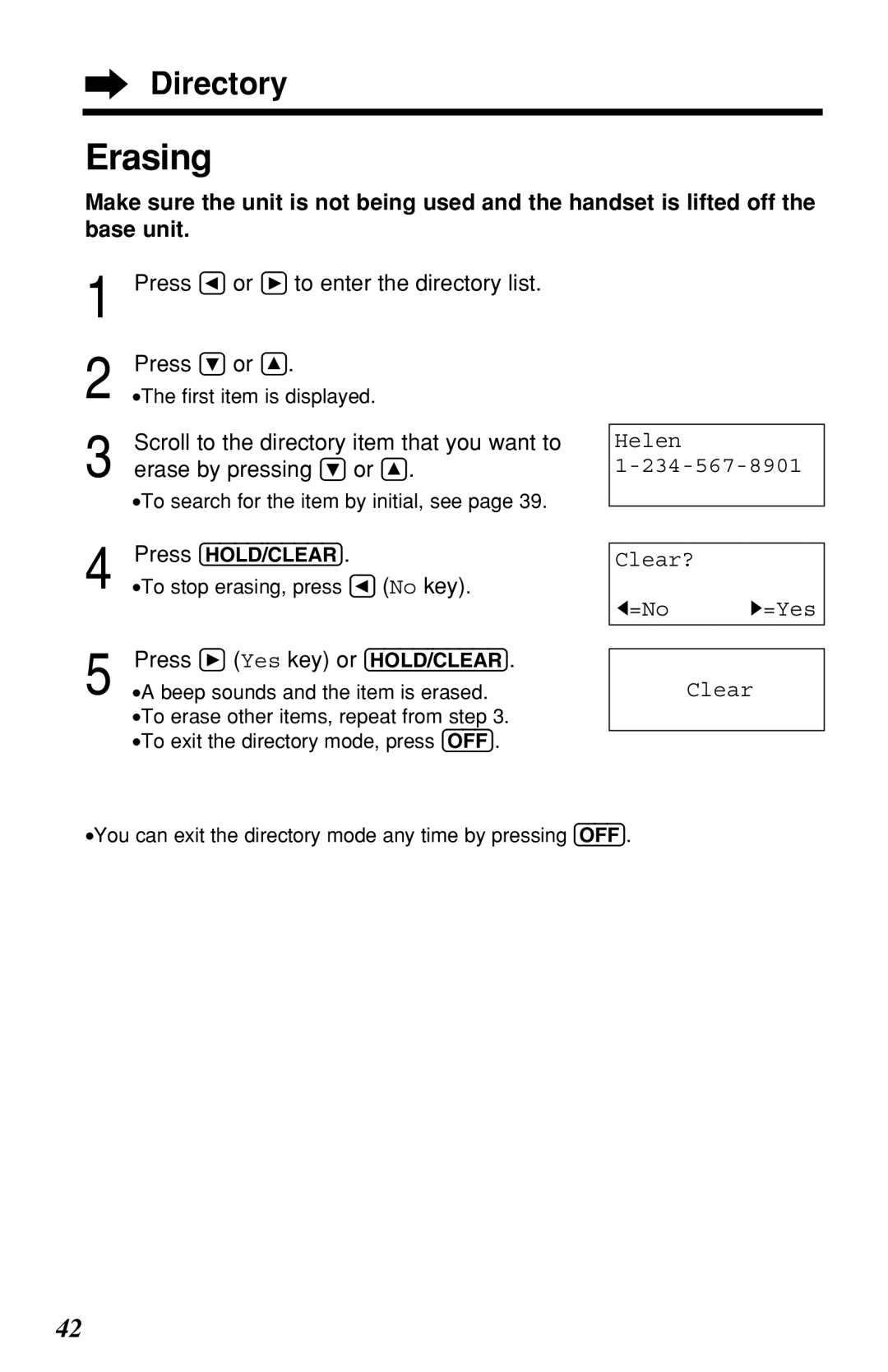 Panasonic KX-TG2219B operating instructions Erasing, Helen Clear? =No H=Yes 