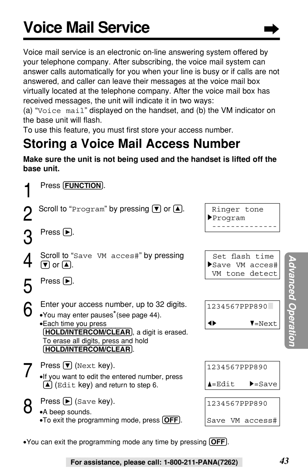 Panasonic KX-TG2219B Voice Mail Service, Storing a Voice Mail Access Number, Scroll to Program by pressing Ö or Ñ Or Ñ 