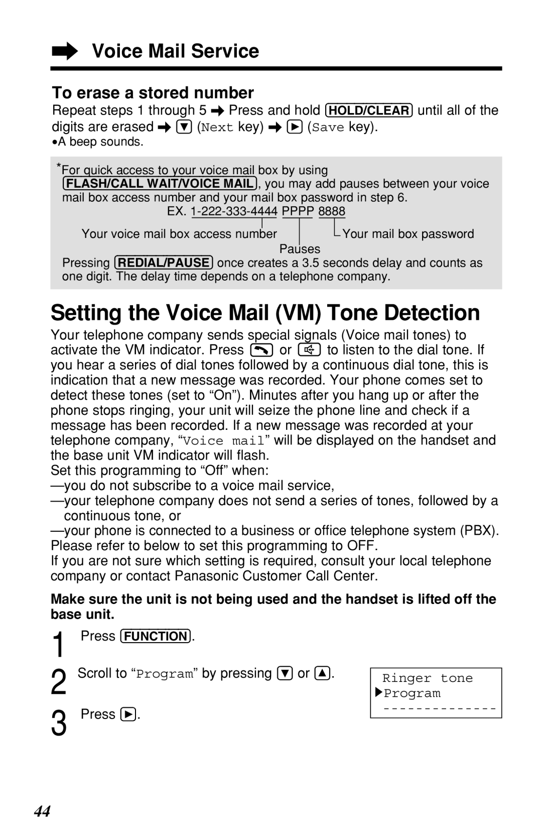 Panasonic KX-TG2219B operating instructions Setting the Voice Mail VM Tone Detection, To erase a stored number 