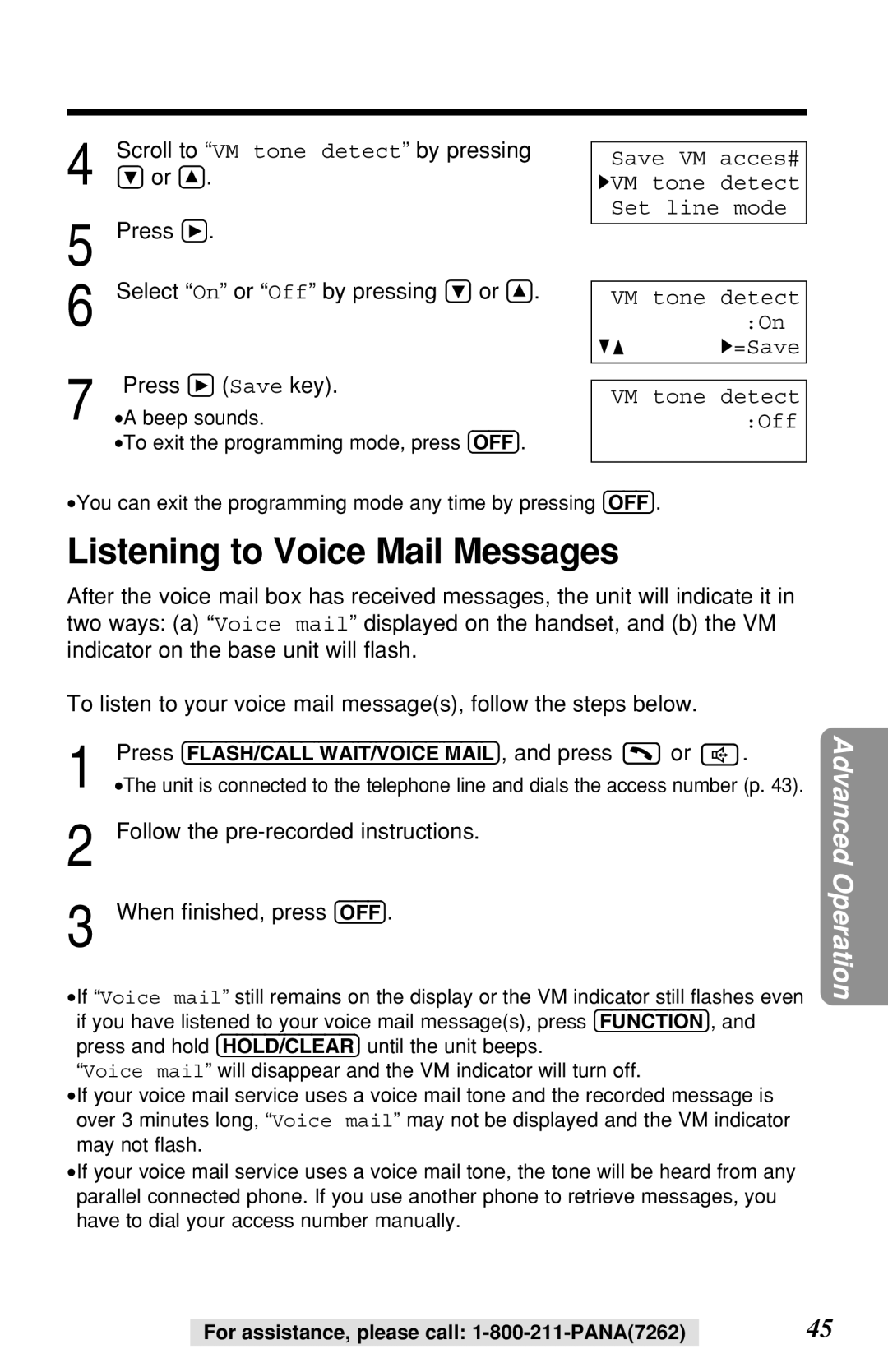 Panasonic KX-TG2219B operating instructions Listening to Voice Mail Messages, Save VM acces# HVM tone detect Set line mode 