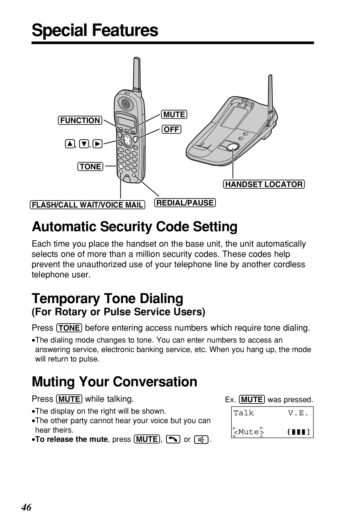 Panasonic KX-TG2219B Special Features, Automatic Security Code Setting, Temporary Tone Dialing, Muting Your Conversation 