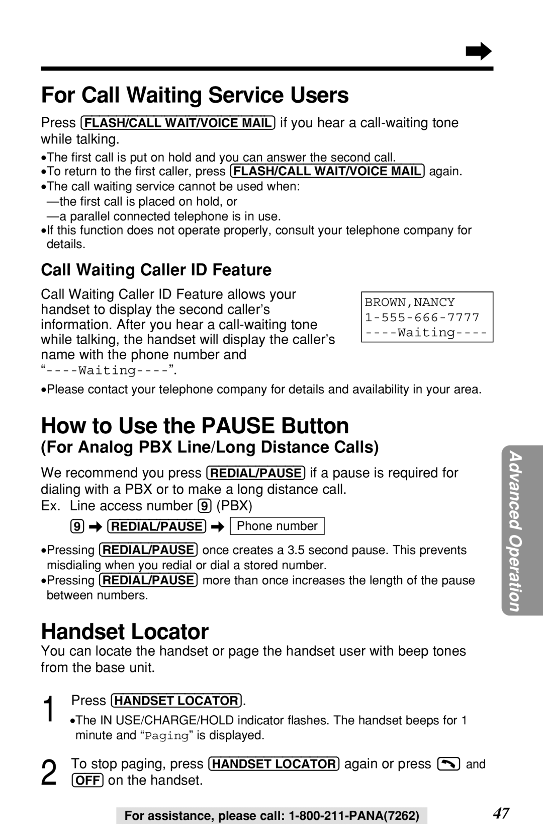 Panasonic KX-TG2219B operating instructions For Call Waiting Service Users, How to Use the Pause Button, Handset Locator 