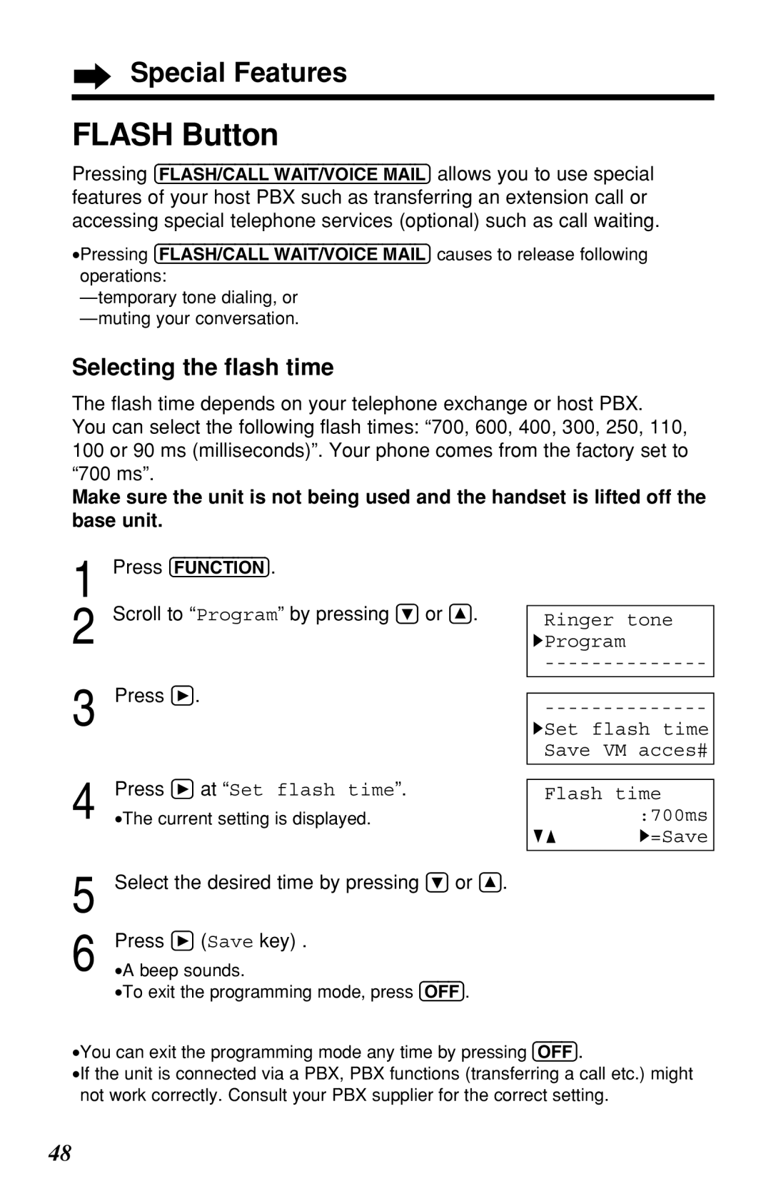 Panasonic KX-TG2219B operating instructions Flash Button, Selecting the ﬂash time, Press á at Set flash time 