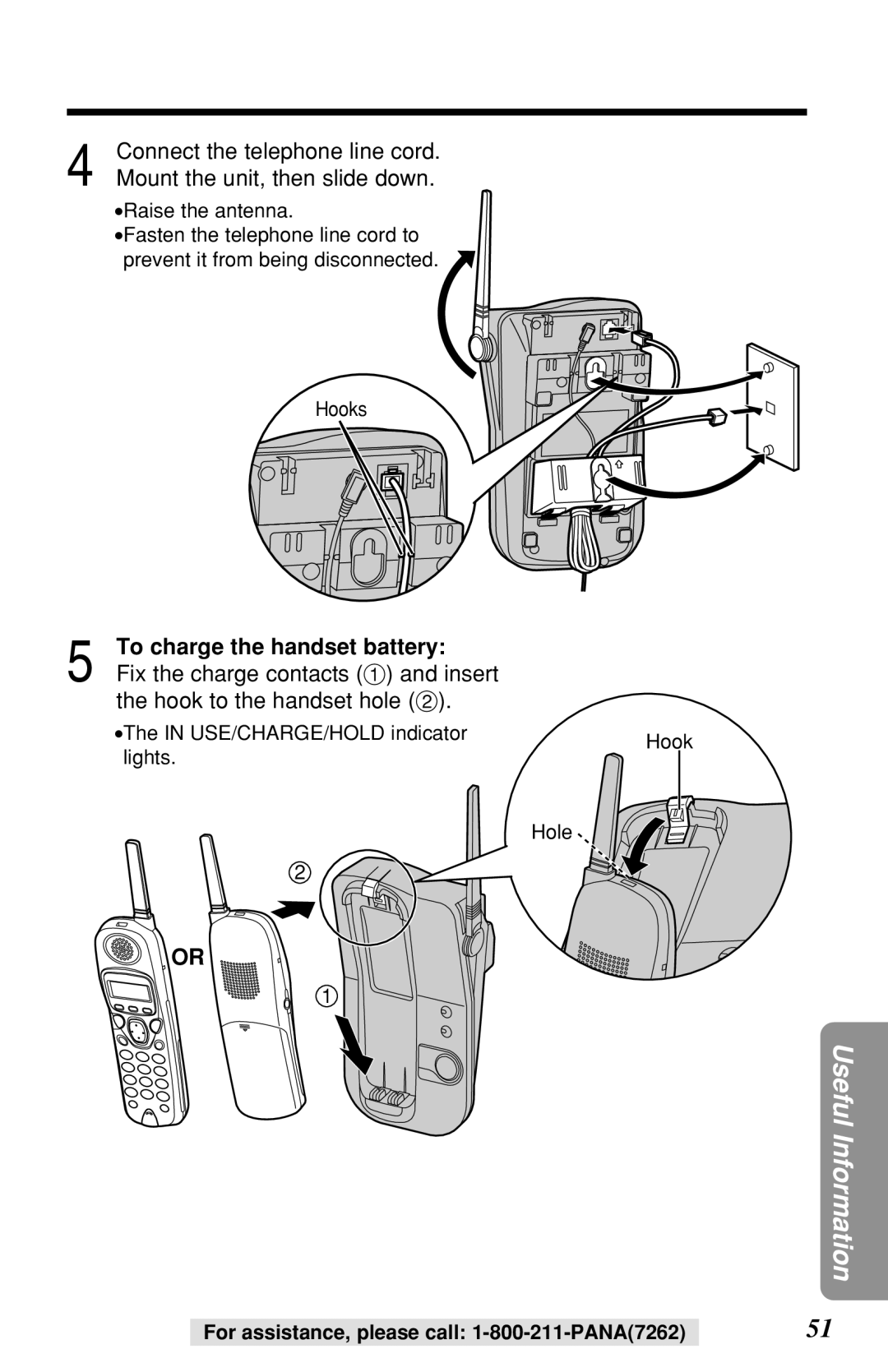 Panasonic KX-TG2219B Connect the telephone line cord, Mount the unit, then slide down, To charge the handset battery 