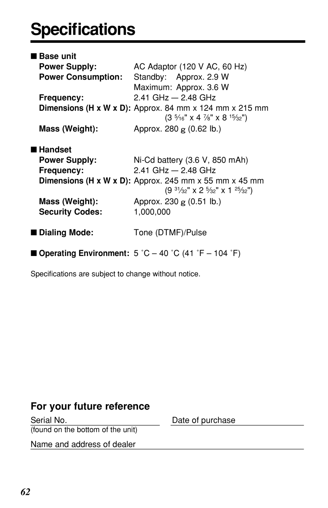 Panasonic KX-TG2219B operating instructions Speciﬁcations, For your future reference 