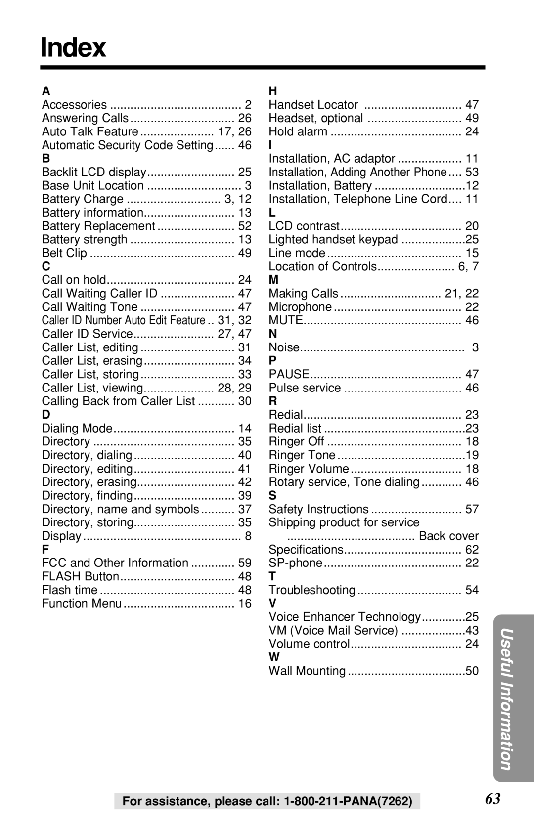 Panasonic KX-TG2219B operating instructions Index, Battery Charge 