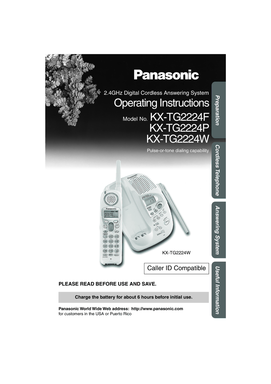 Panasonic KX-TG2224F operating instructions KX-TG2224W, Charge the battery for about 6 hours before initial use 