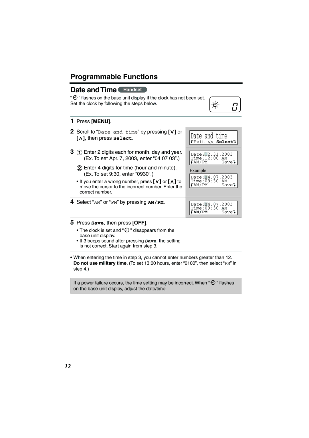 Panasonic KX-TG2224W, KX-TG2224F Programmable Functions Date and Time Handset, Select AM or PM by pressing AM/PM 