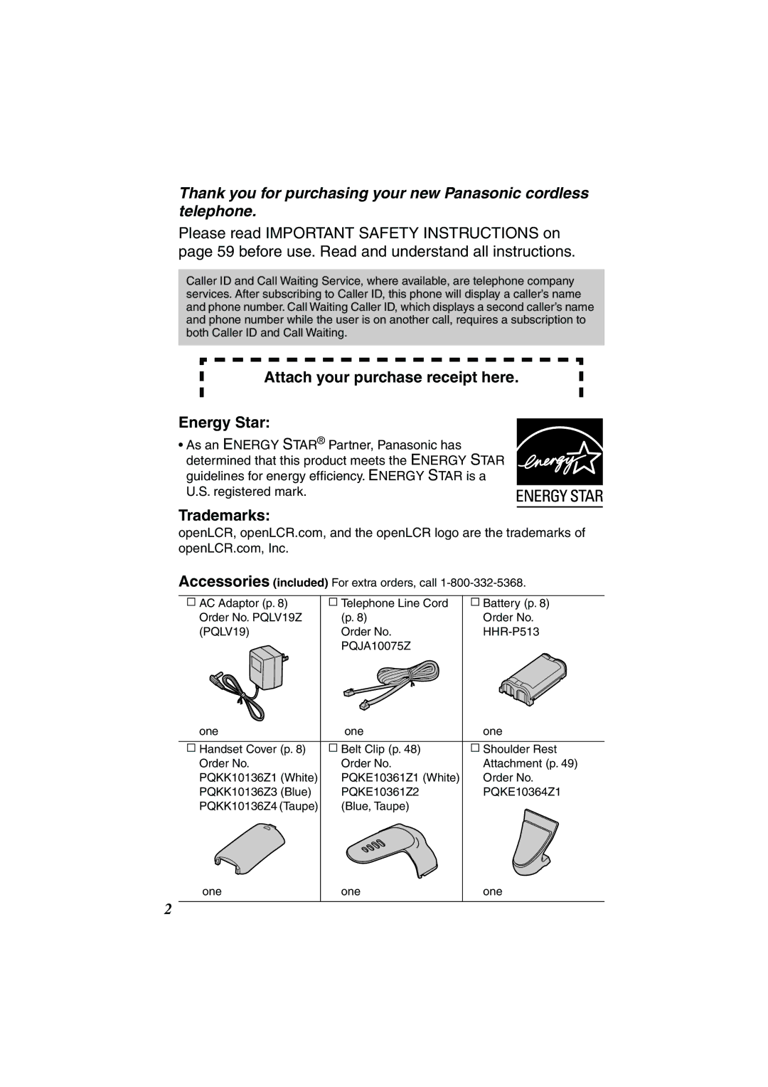 Panasonic KX-TG2224P, KX-TG2224W, KX-TG2224F operating instructions Attach your purchase receipt here Energy Star, Trademarks 