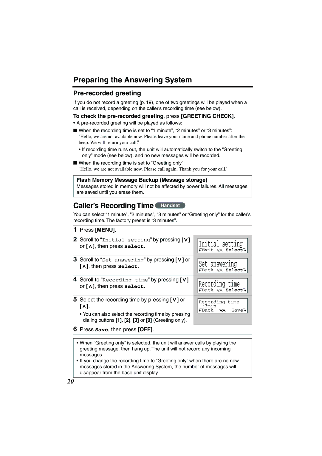 Panasonic KX-TG2224P, KX-TG2224W Preparing the Answering System, Caller’s Recording Time Handset, Pre-recorded greeting 