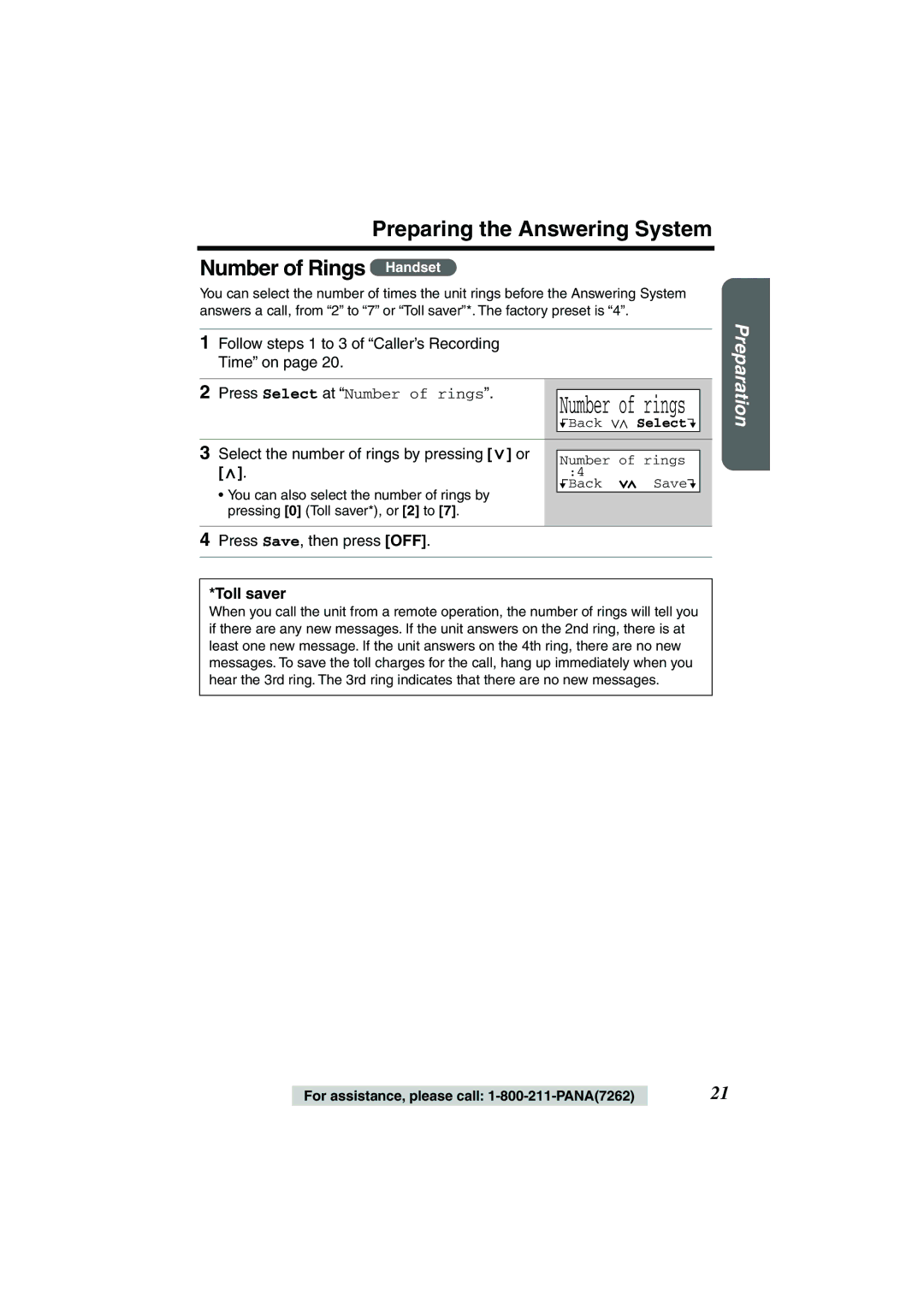 Panasonic KX-TG2224W Preparing the Answering System Number of Rings Handset, Select the number of rings by pressing 