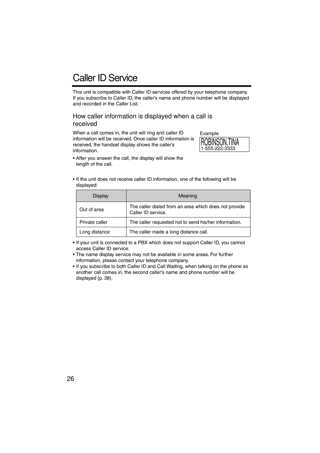 Panasonic KX-TG2224P Caller ID Service, How caller information is displayed when a call is received, Display Meaning 