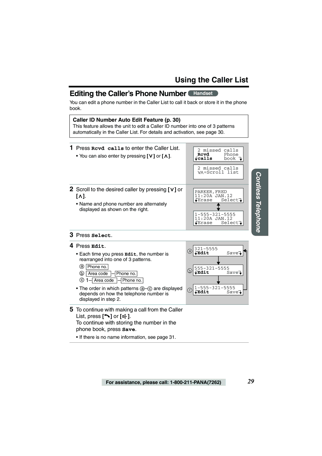 Panasonic KX-TG2224P, KX-TG2224W Caller ID Number Auto Edit Feature p, Scroll to the desired caller by pressing or 