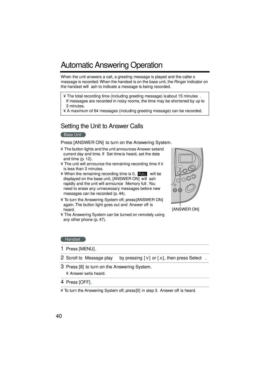 Panasonic KX-TG2224F, KX-TG2224W, KX-TG2224P Automatic Answering Operation, Setting the Unit to Answer Calls 