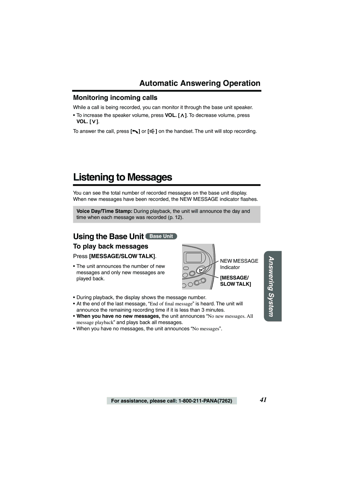 Panasonic KX-TG2224P, KX-TG2224W Listening to Messages, Automatic Answering Operation, Using the Base Unit Base Unit 