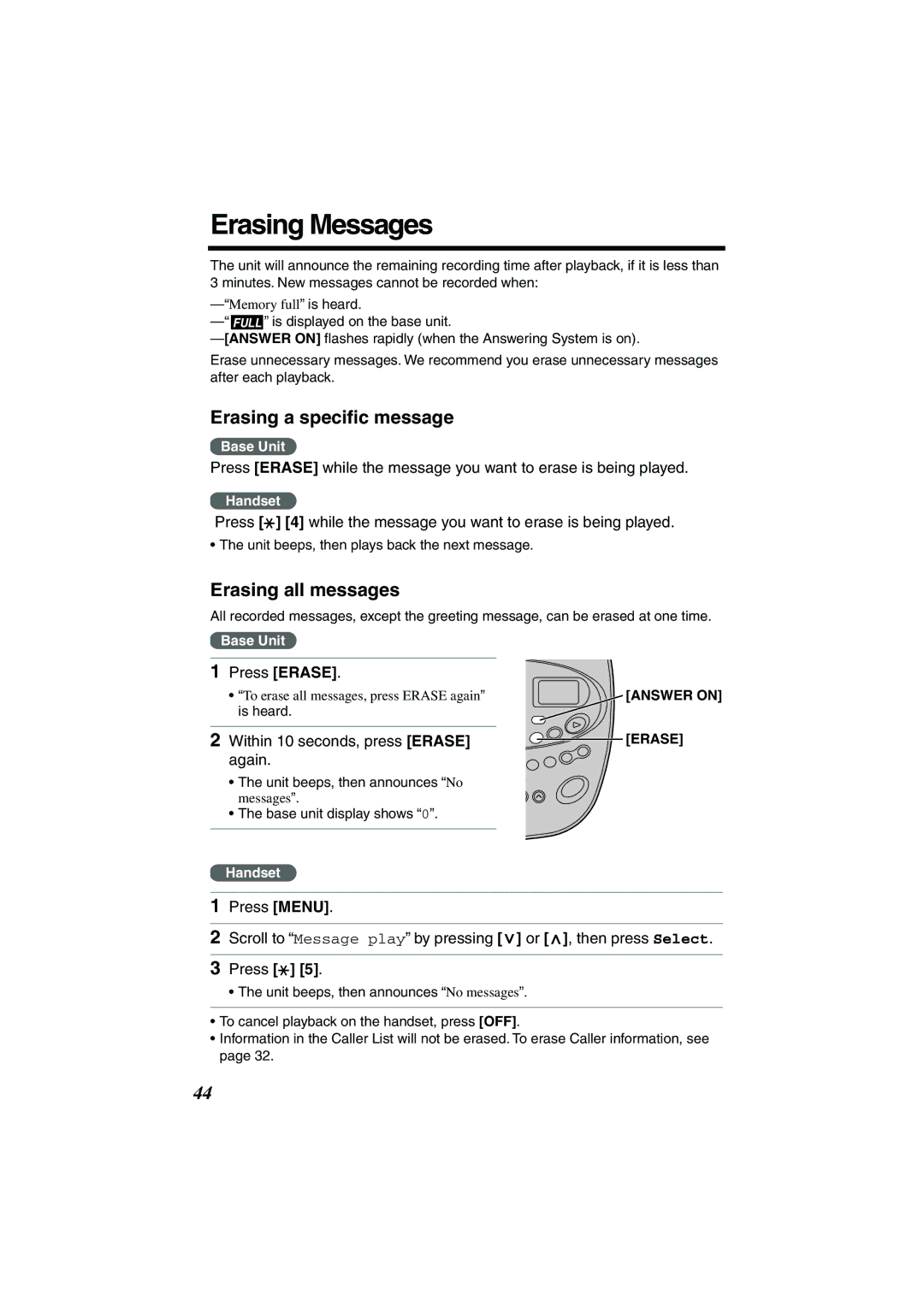 Panasonic KX-TG2224P, KX-TG2224W, KX-TG2224F Erasing Messages, Erasing a speciﬁc message, Erasing all messages 